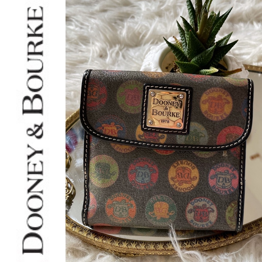 Dooney & Bourke mutlicolour stamp medallion logo trifold square leather wallet